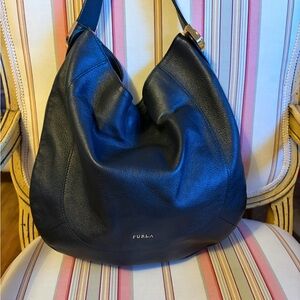 Furla Black Leather Hobo Bag Double Strap for Crossbody Option